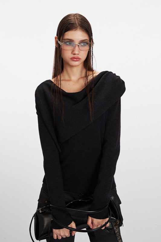 Draped Cowl Neck Slim Knit Top