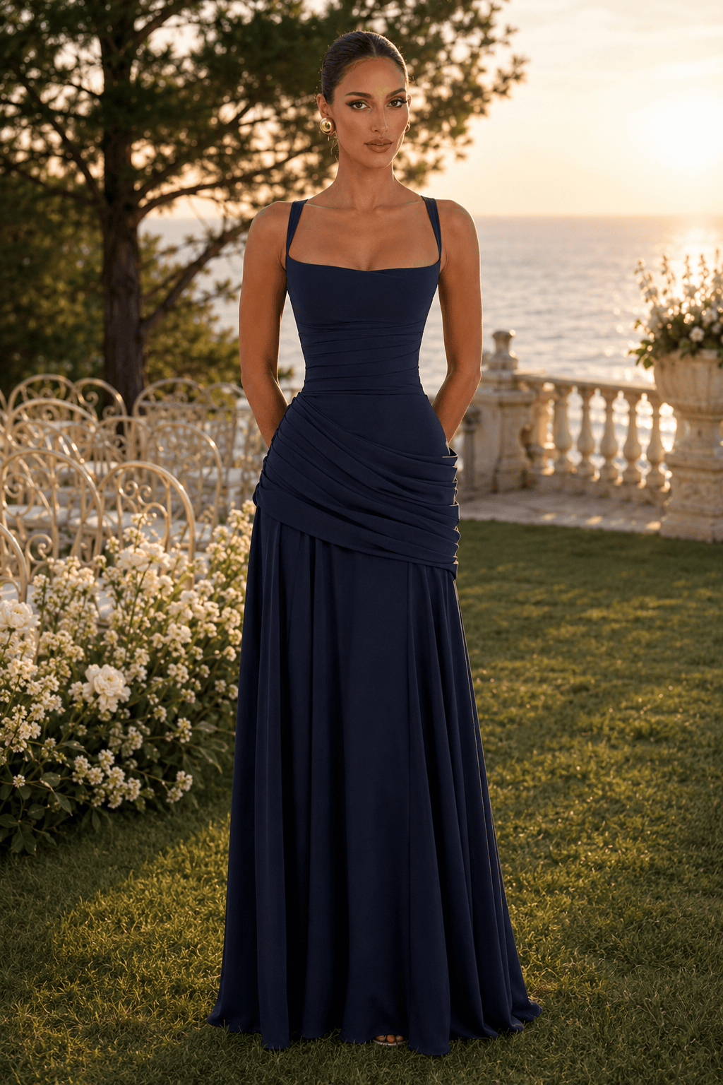 Solid Plunge Ruched Waist Backless Slip Dress