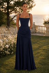 Solid Plunge Ruched Waist Backless Slip Dress