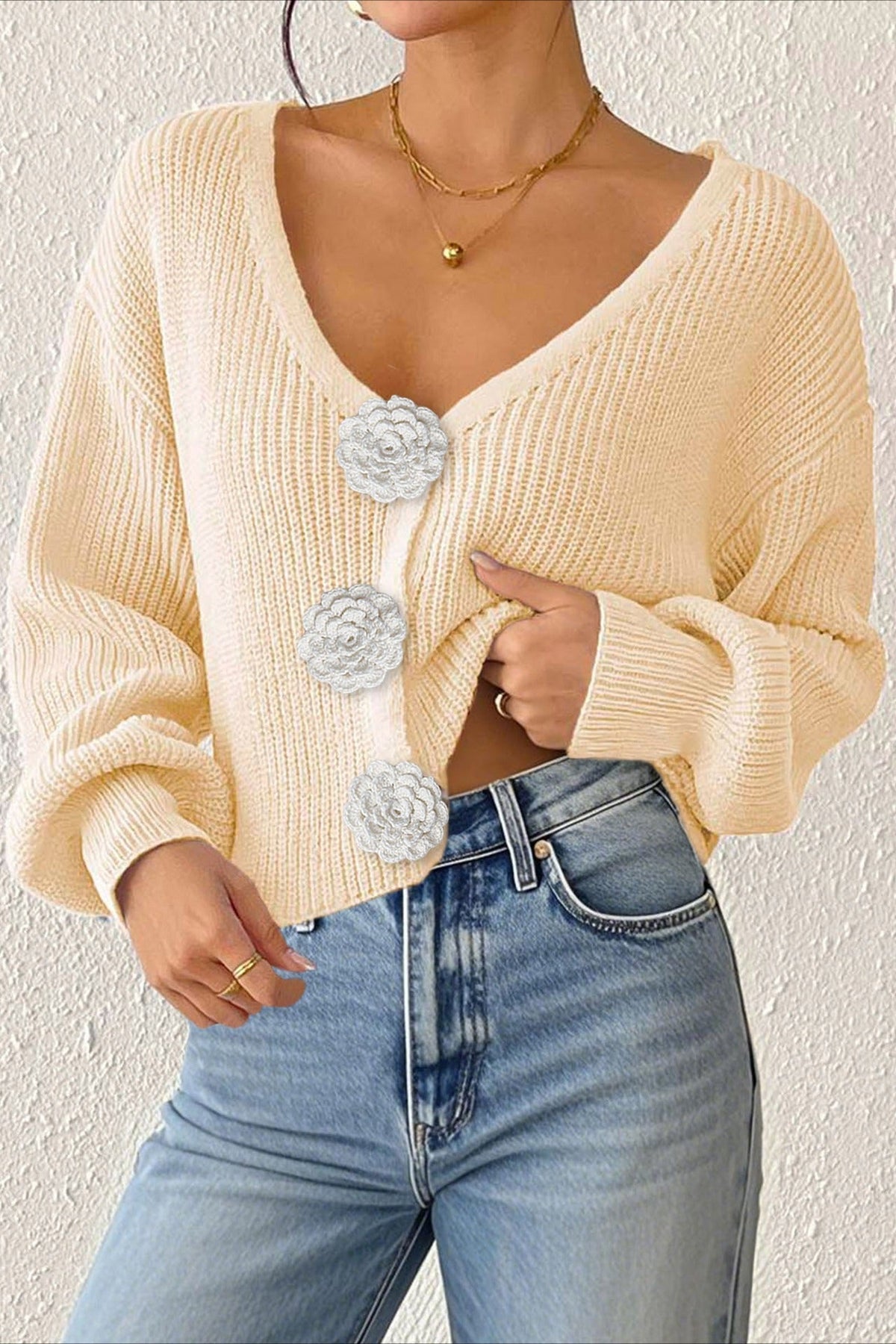 V-Neck Crochet Flower Button Front Ribbed Knit Cropped Cardigan 15