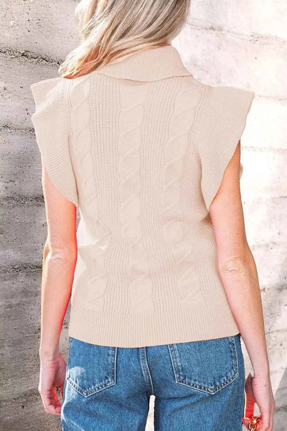 Cable Knit Turtleneck Ruffled Short Sleeve Sweater