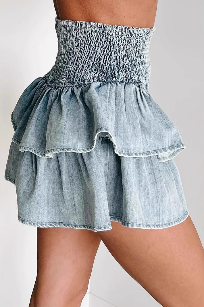 Smocked High Waist Tiered Ruffle Denim Look Mini Skirt 3