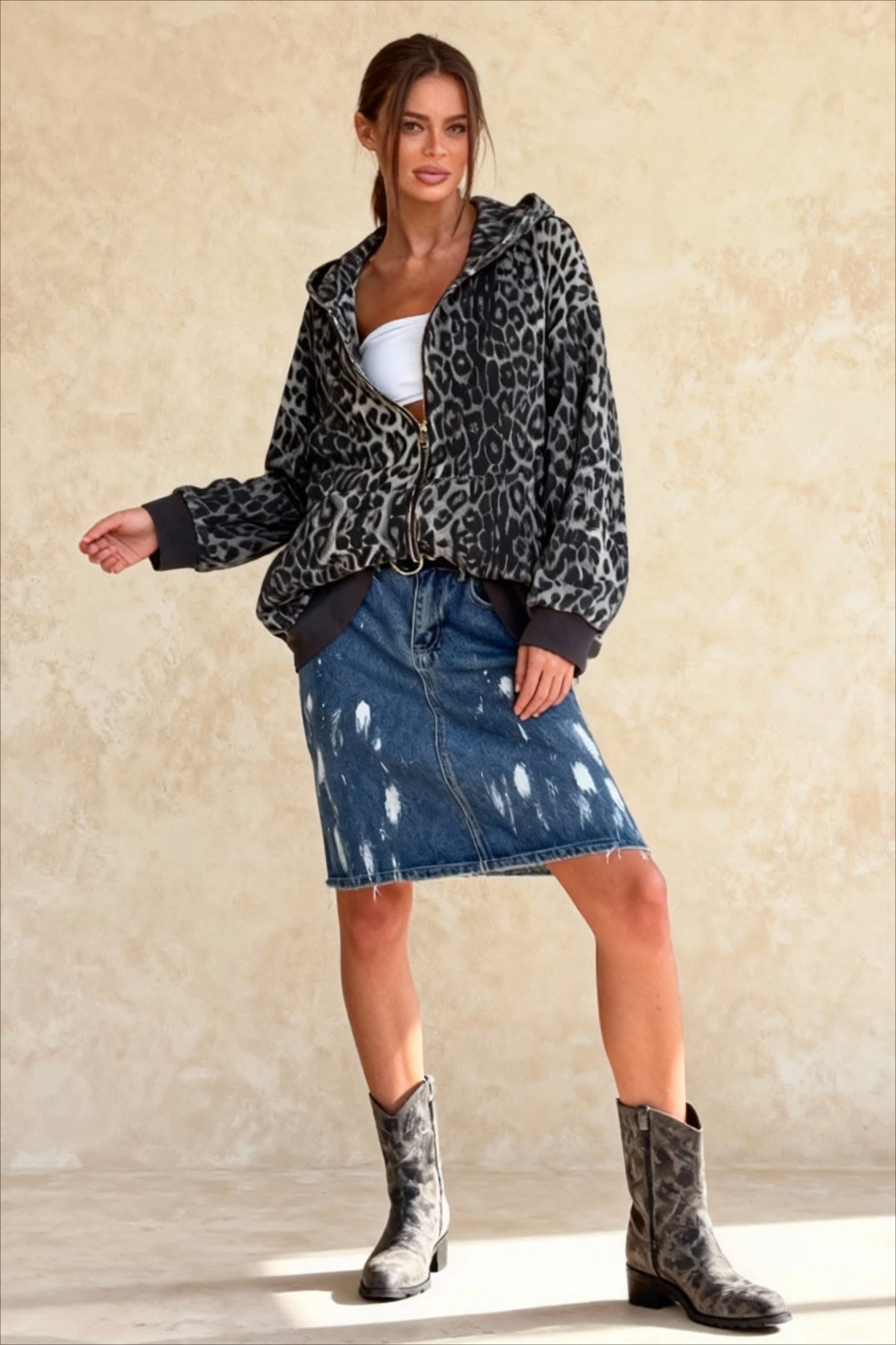 Leopard Print Zip Color-Block Hoodie