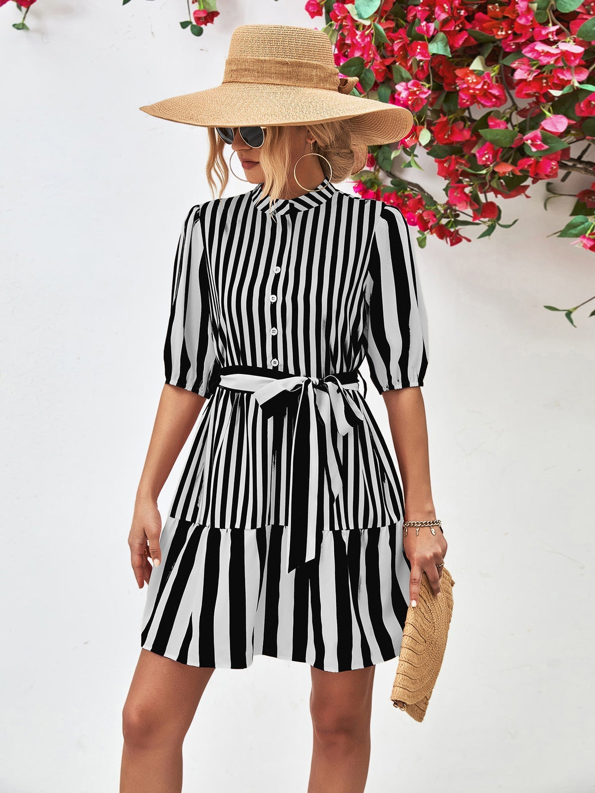 Striped Puff Sleeve Button Front Belted Ruffle Hem Mini Dress 12