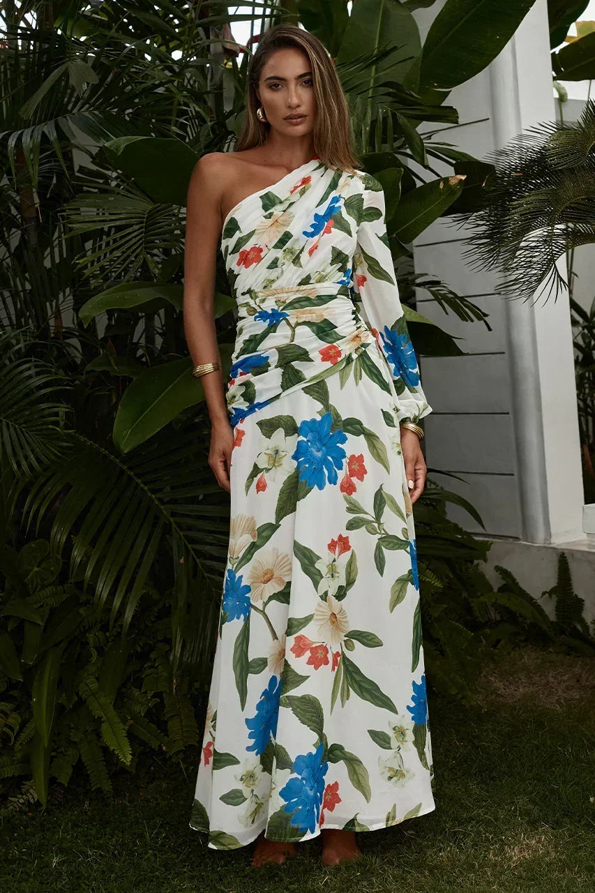 Floral Print One Shoulder Long Sleeve Ruched Waist Maxi Dress 4