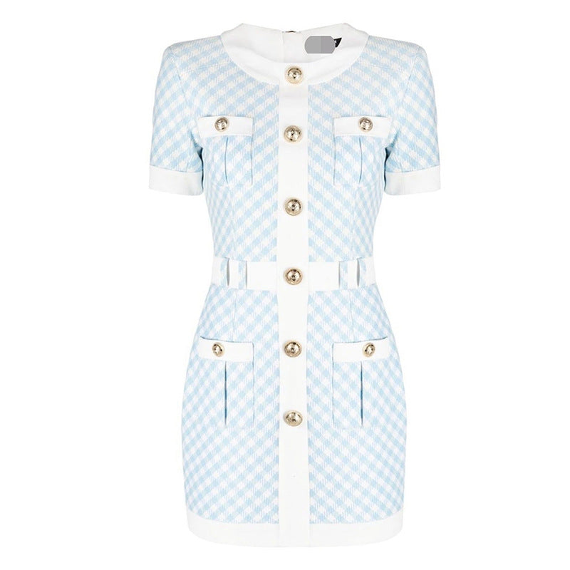 Gingham Short Sleeve Contrast Trim Belted Button Front Pocket Mini Dress 7