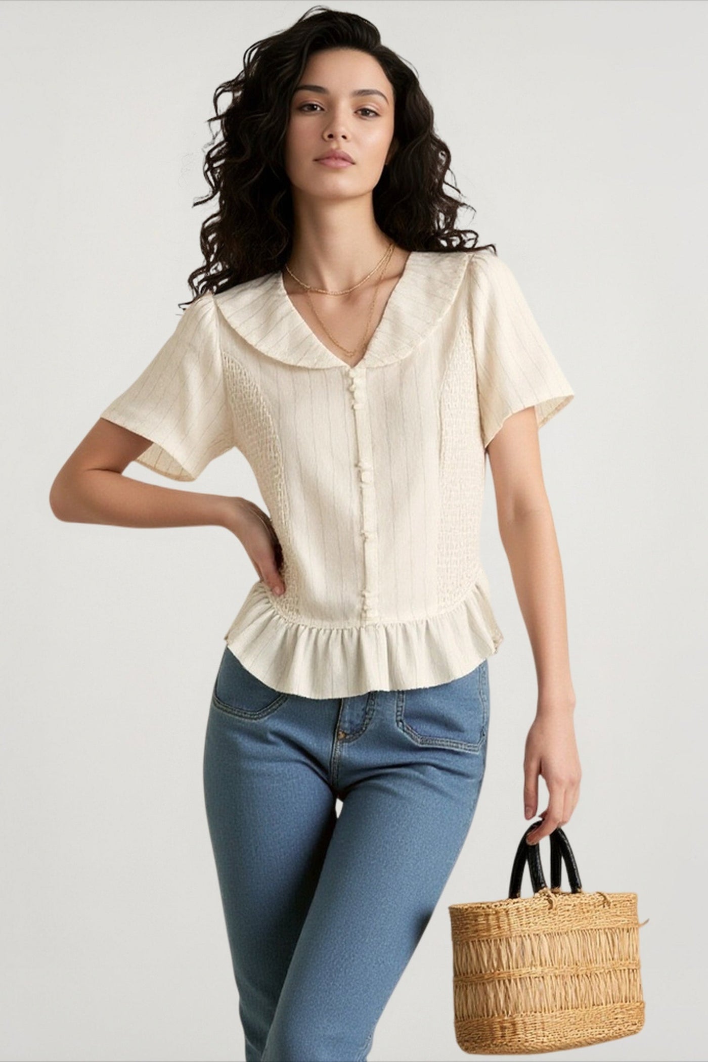 Linen Stripe V Neck Tie Waist Blouse
