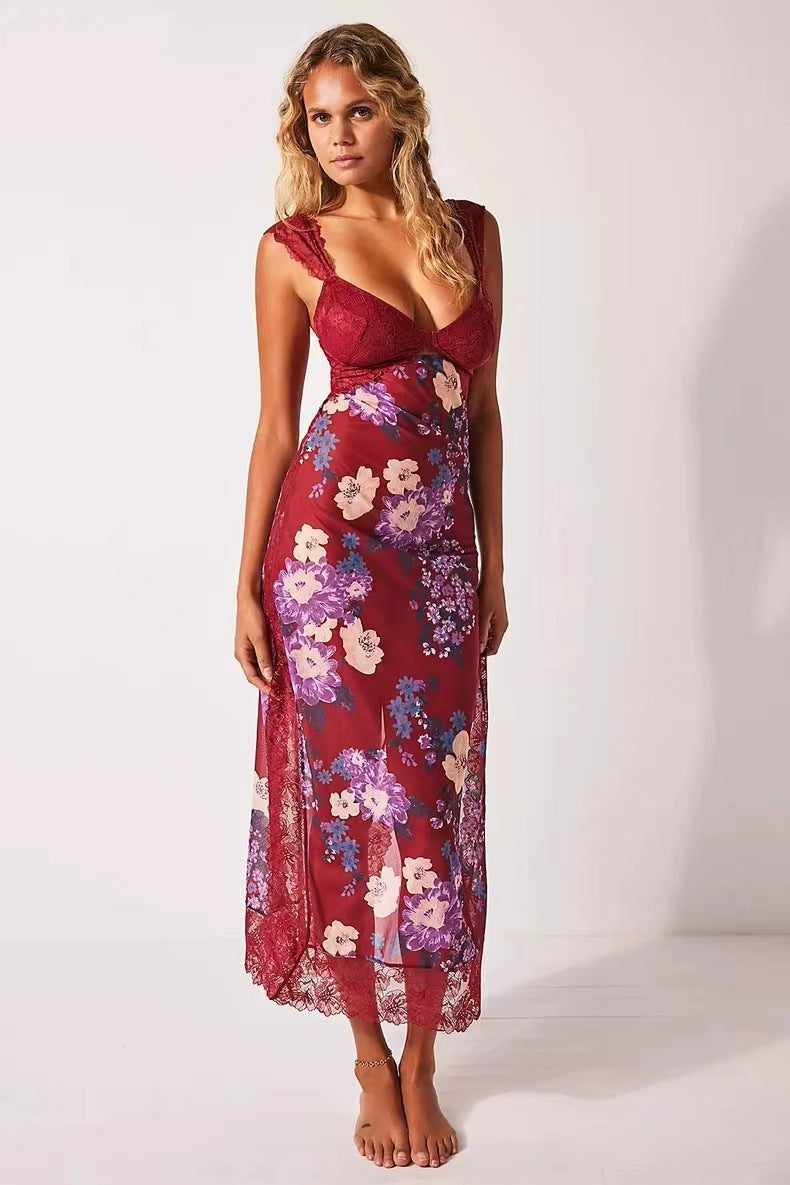 Floral Lace Trim Cut Out Slip Midi Dress 49