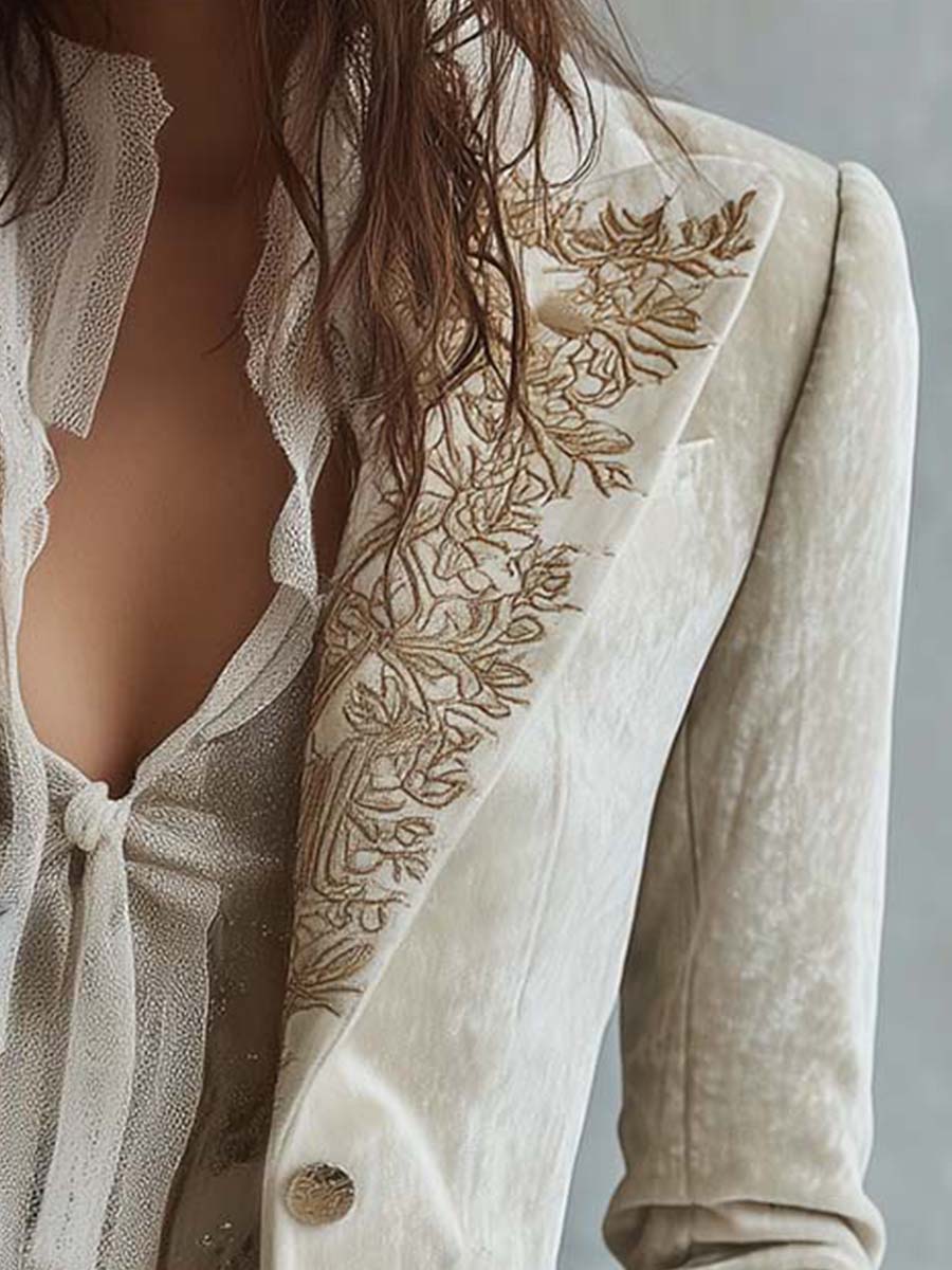 Velvet-Look Embroidered Lapel Lace Cuff Blazer