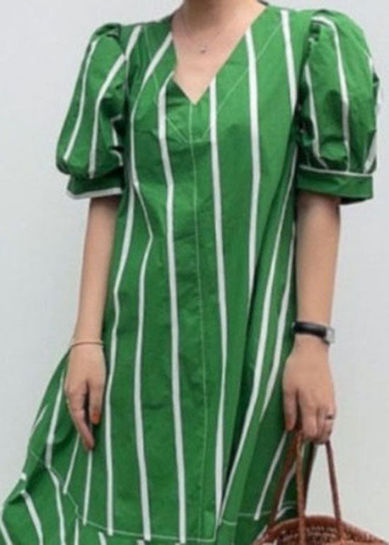 Striped V-Neck Puff Sleeve Tiered Flounce A-Line Maxi Dress