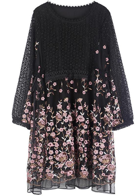 Lace Bodice Floral Embroidered Mesh Long Sleeve Empire Waist Babydoll Mini Dress