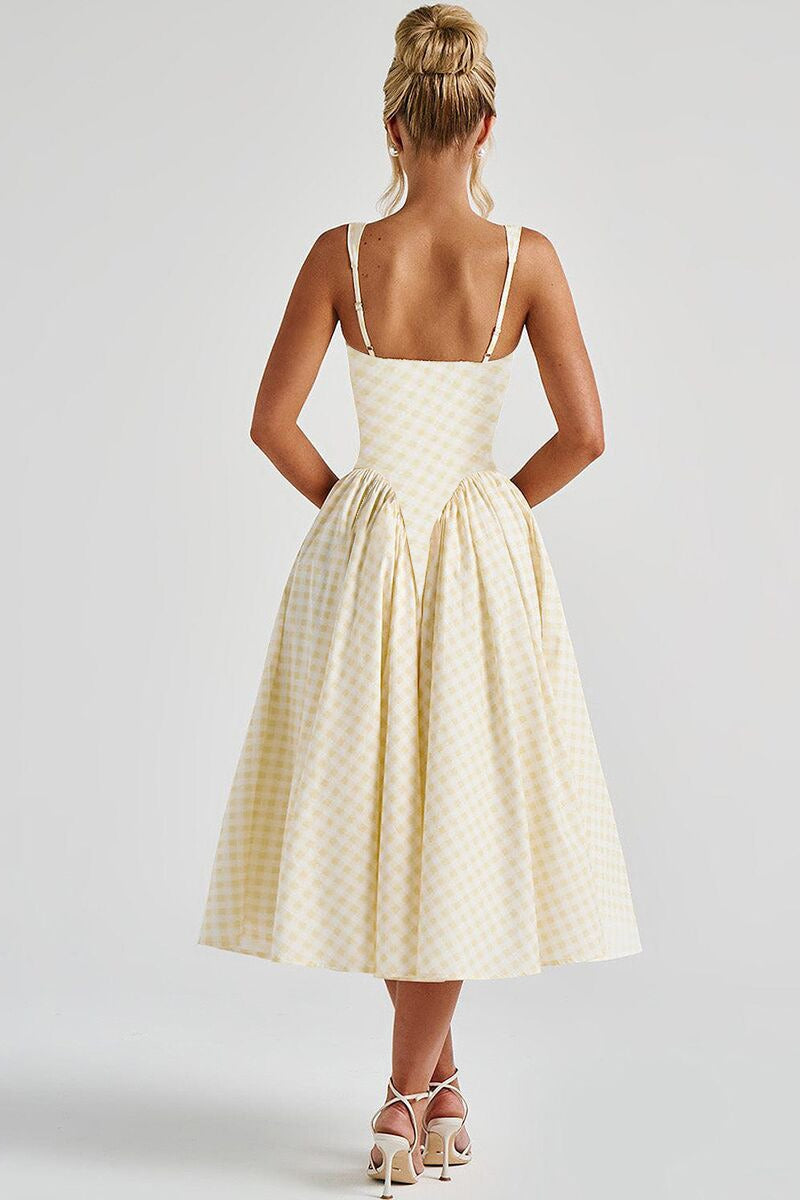 Plaid Square Neck Sleeveless Fit and Flare Midi Dress