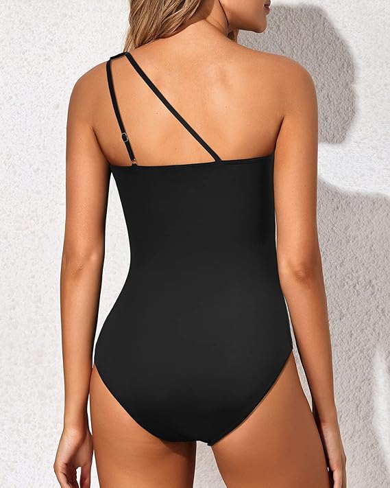One Shoulder Ruched Tropical Print One Piece Swimsuit