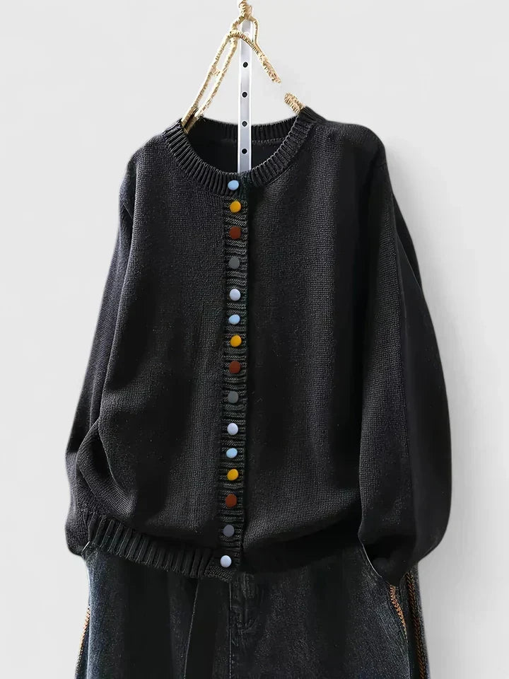 Crew Neck Ruffle Trim Button Front Cardigan