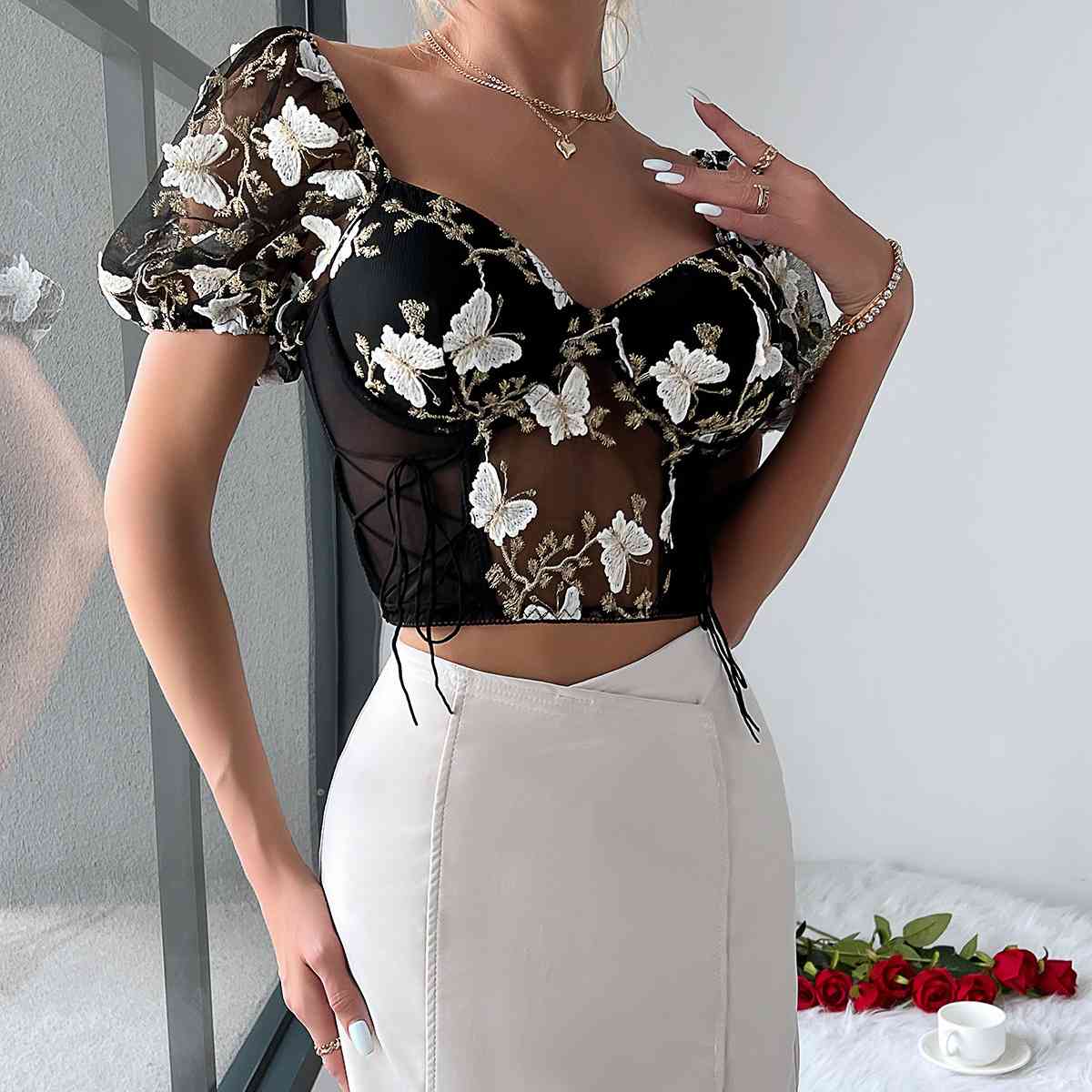 Butterfly Whispers Embroidery Charming Mesh Corset Top Black / S