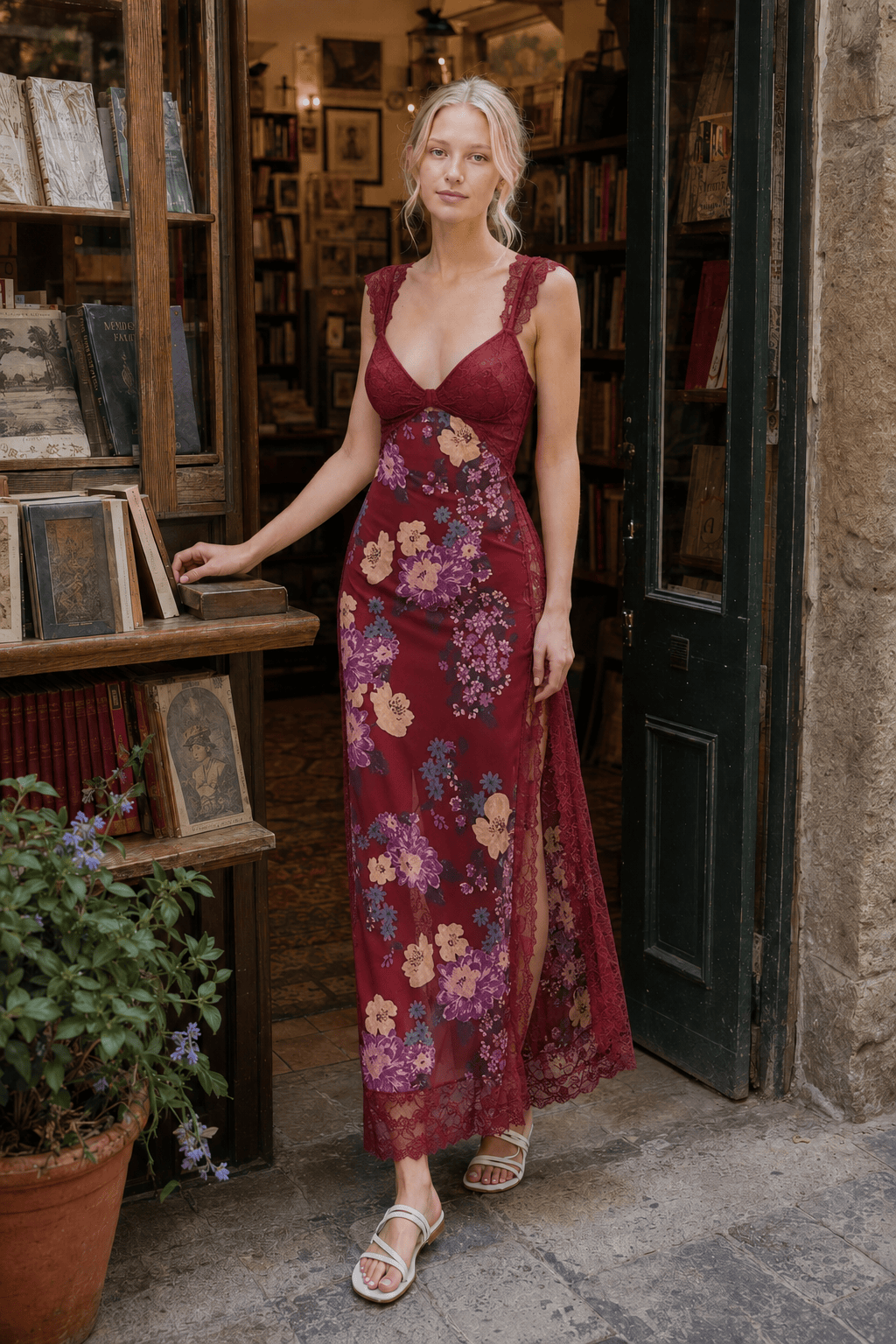 Patchwork Backless Lace Floral Maxi Dress