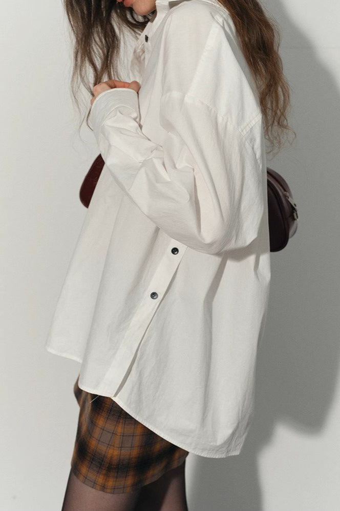 Collared Long Sleeve Contrast Button Oversized Longline Shirt 3