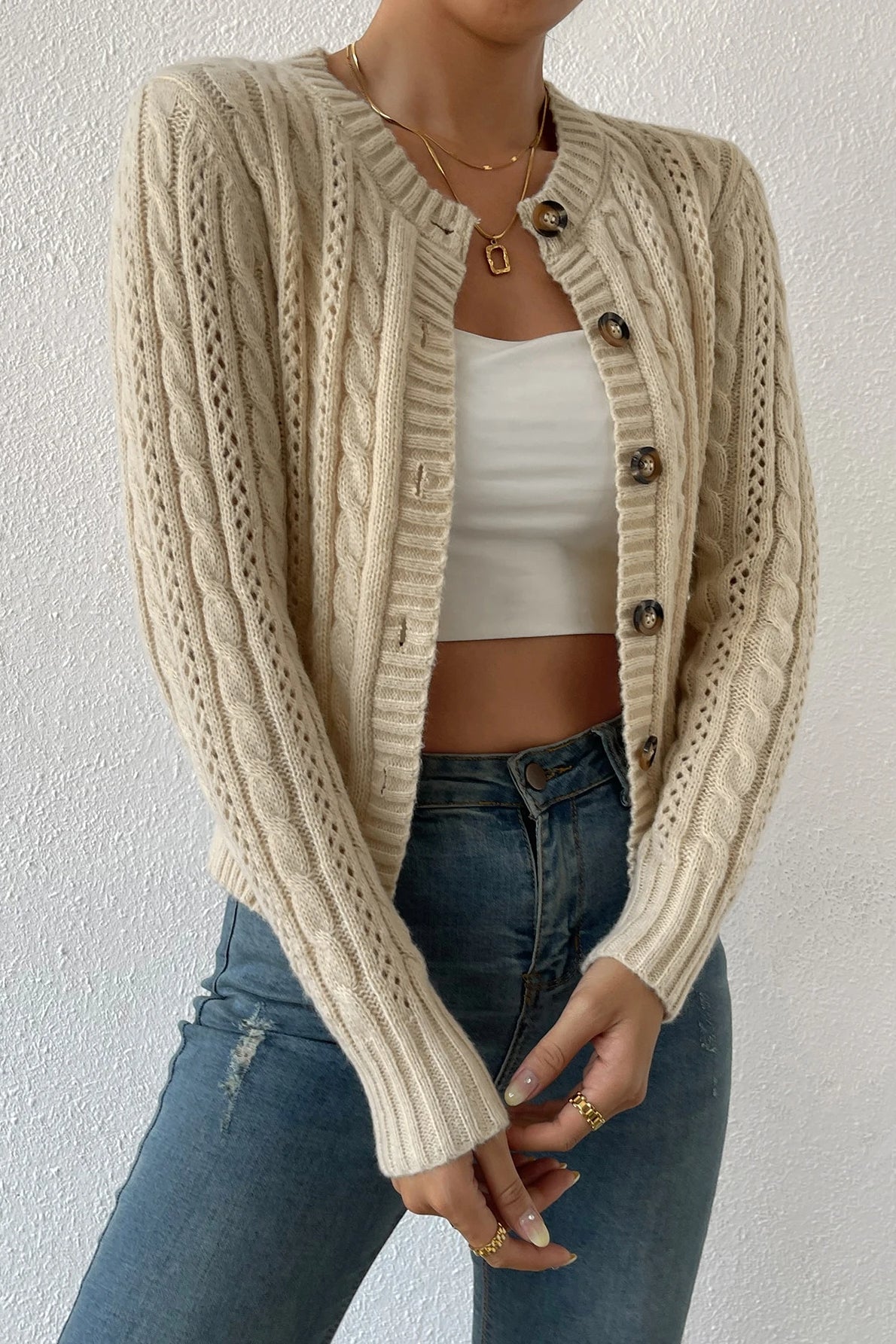 Crew Neck Long Sleeve Button Front Cable Knit Cropped Cardigan 4