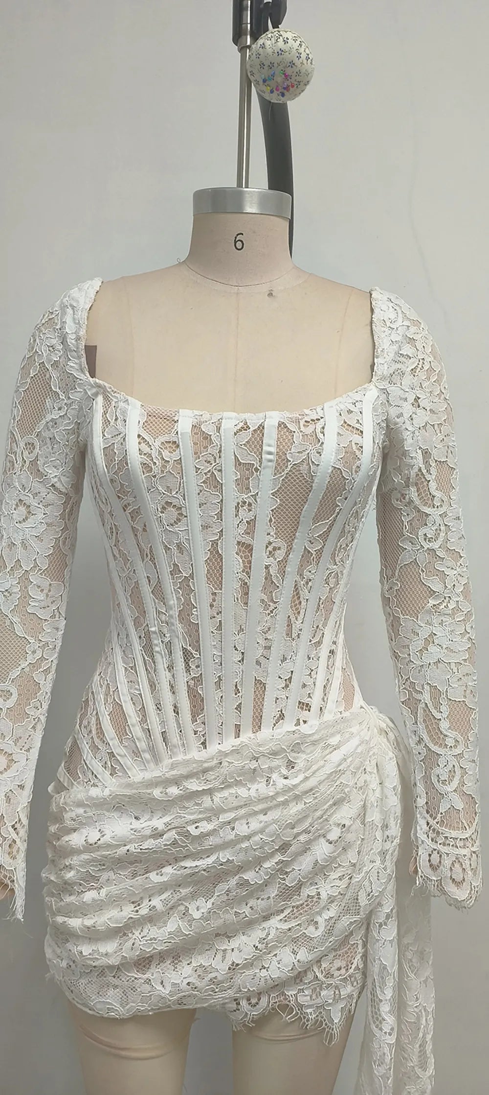 Lace Corset Square Neck Long Sleeve Draped Side Tie Mini Dress 5