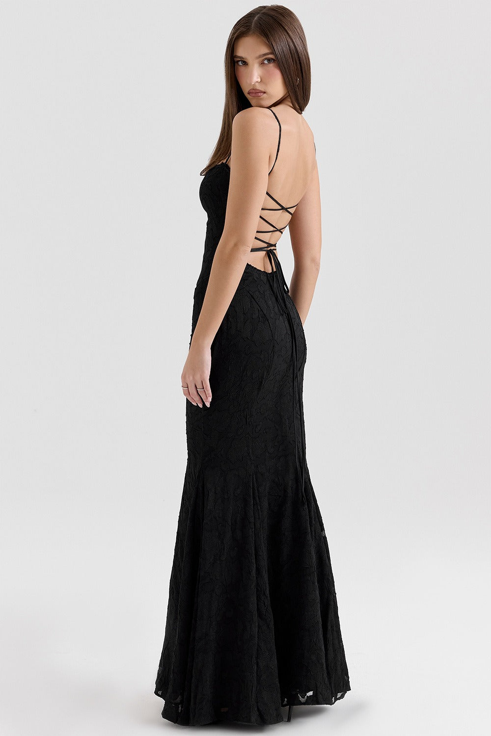 Strapless Lace Backless Waist Tie Maxi Lace Dress