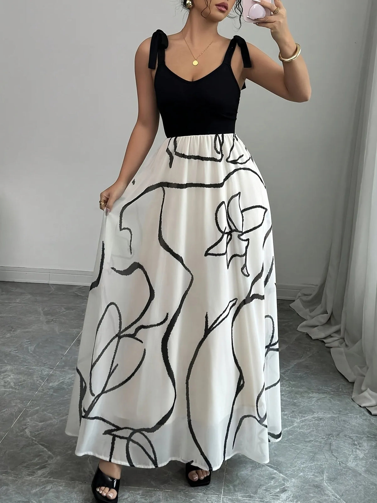 Abstract Line Print Tie Shoulder Contrast Bodice A-Line Maxi Dress 6