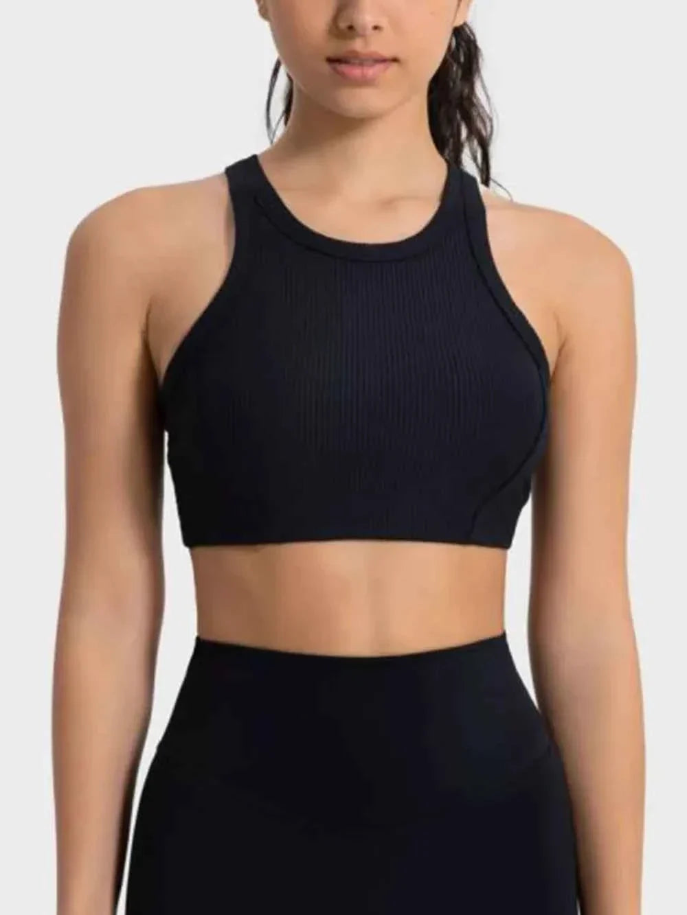 Ribbed Round Neck Wide Strap Cropped Sport Tank Top 7