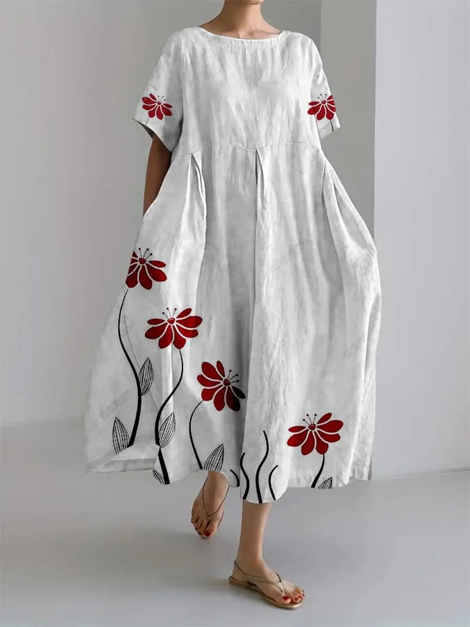 Floral Print Round Neck Short Sleeve Oversized Midi Dress