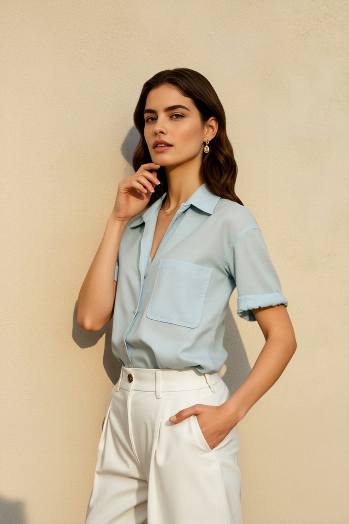 Camp Collar Short Sleeve Chest Pocket Cuffed Linen Look Shirt 2