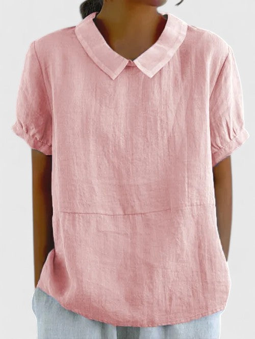 Contrast Collar Short Sleeve Linen Look Top