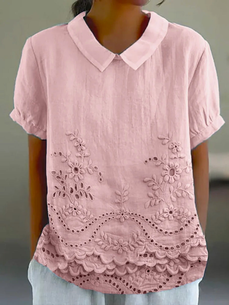 Collared Short Sleeve Eyelet Embroidered Scalloped Hem Blouse