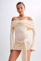 Sheer Spaghetti Strap Off-Shoulder Fitted Knit Maxi Sweater Dress 3