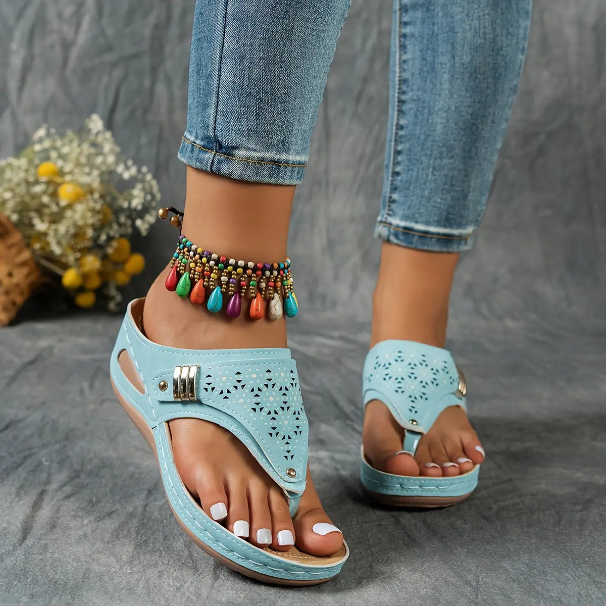 Cut Out Floral Thong Wedge Sandals