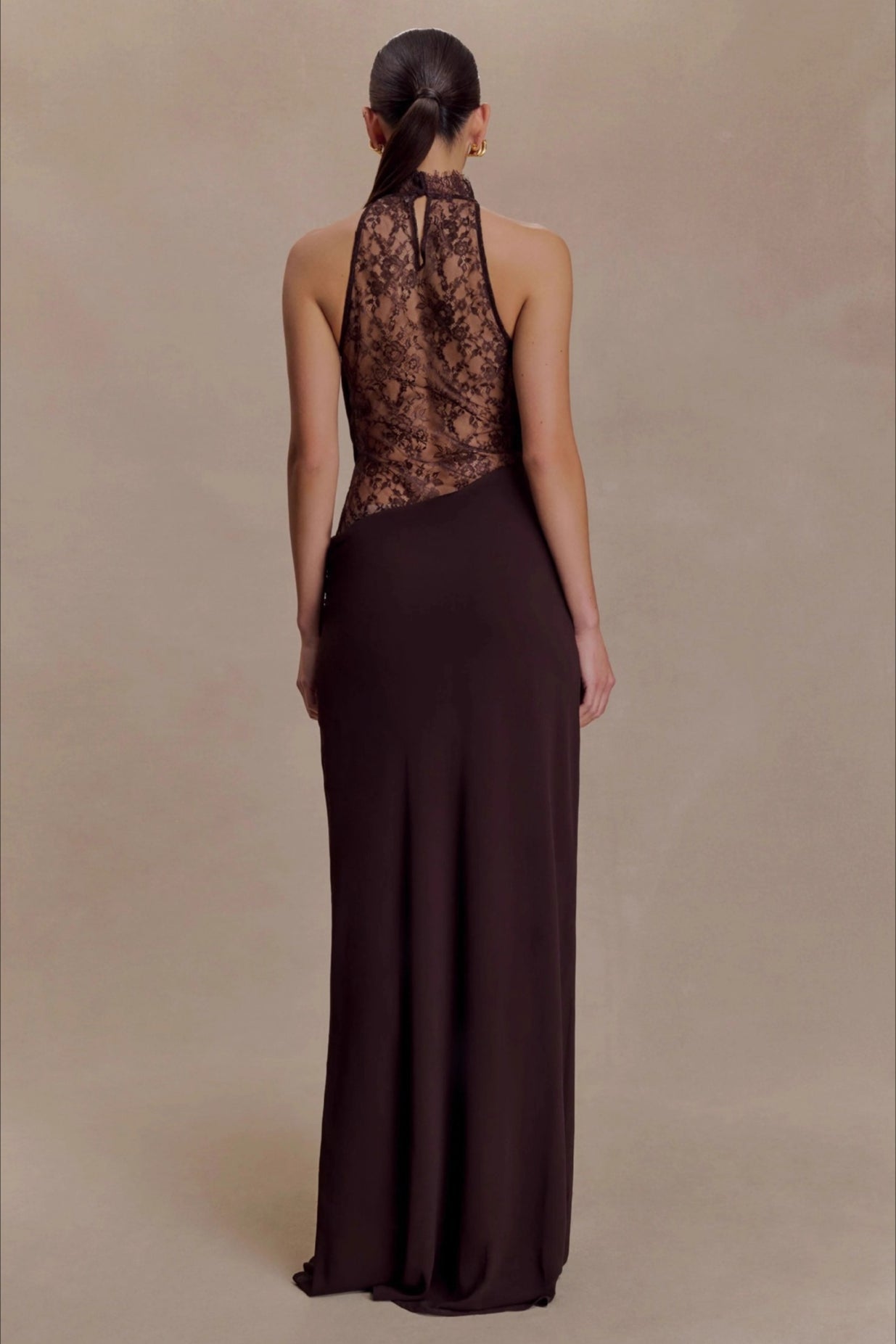 Halter Neck Lace Cut Out Backless Bias Cut Maxi Dress