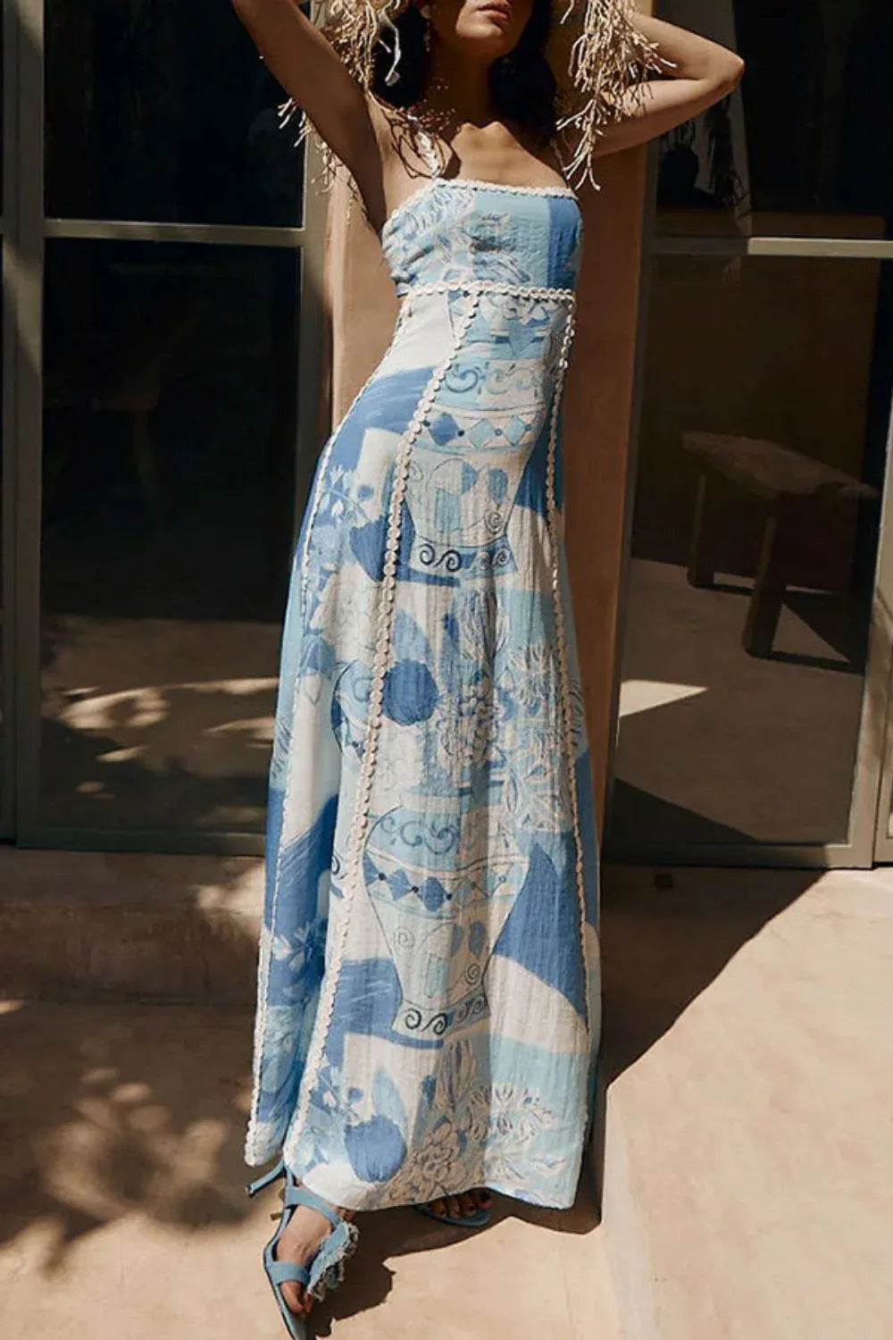 Patchwork Print Square Neck Ric Rac Trim Cut Out Back Maxi Dress 5