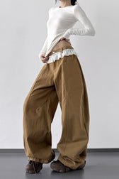 High Waist Lace Paneled Straight Wide Leg Floor Length Jeans