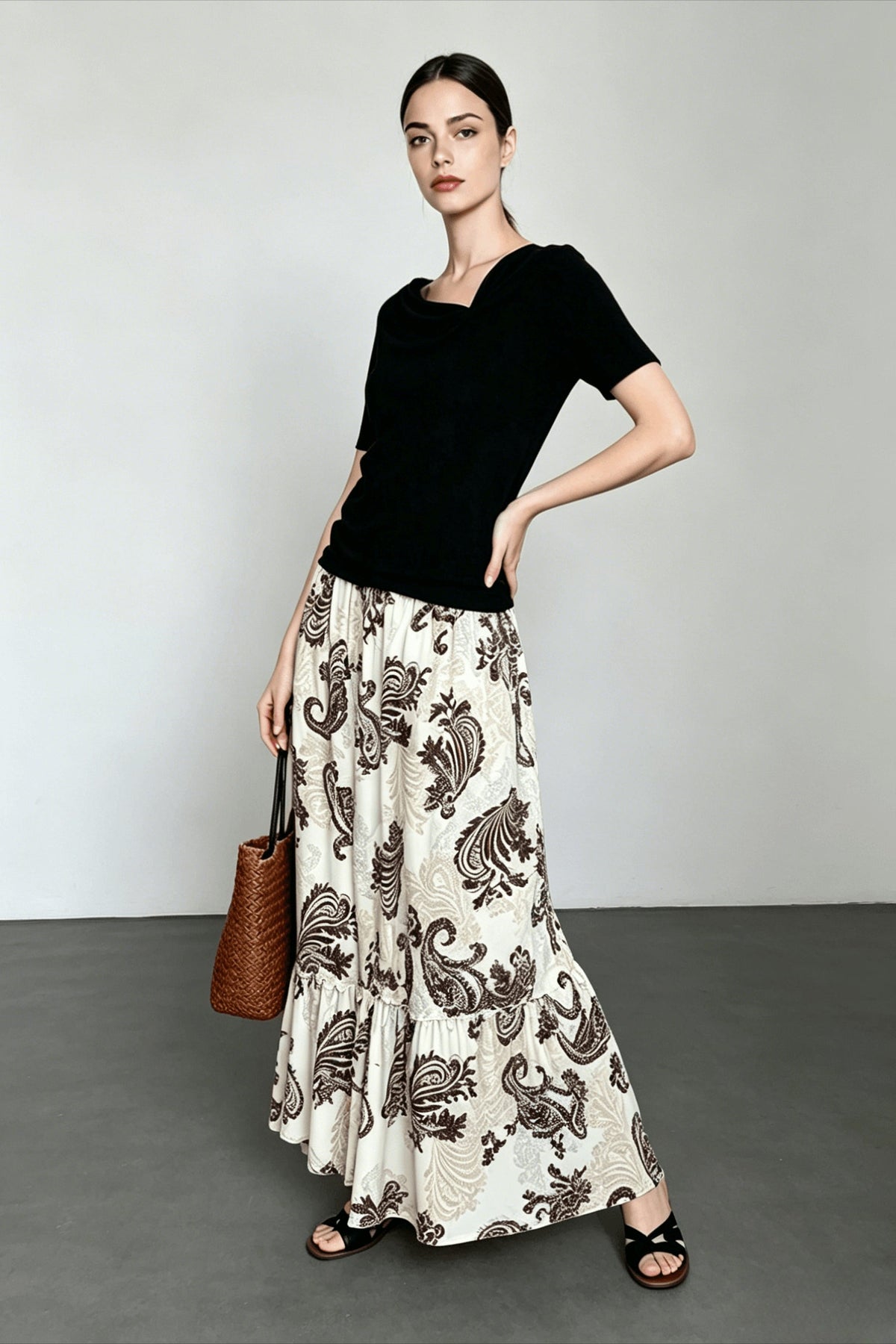 Paisley Print Elastic Waist Tiered Ruffle Hem Maxi Skirt 3
