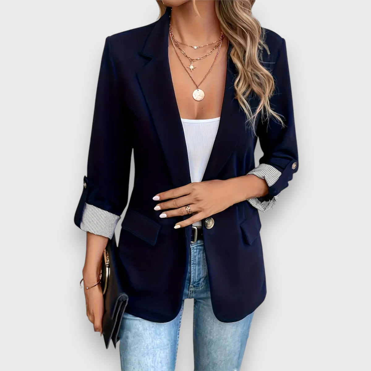 Notch Lapel Roll Up Sleeve Single Button Blazer