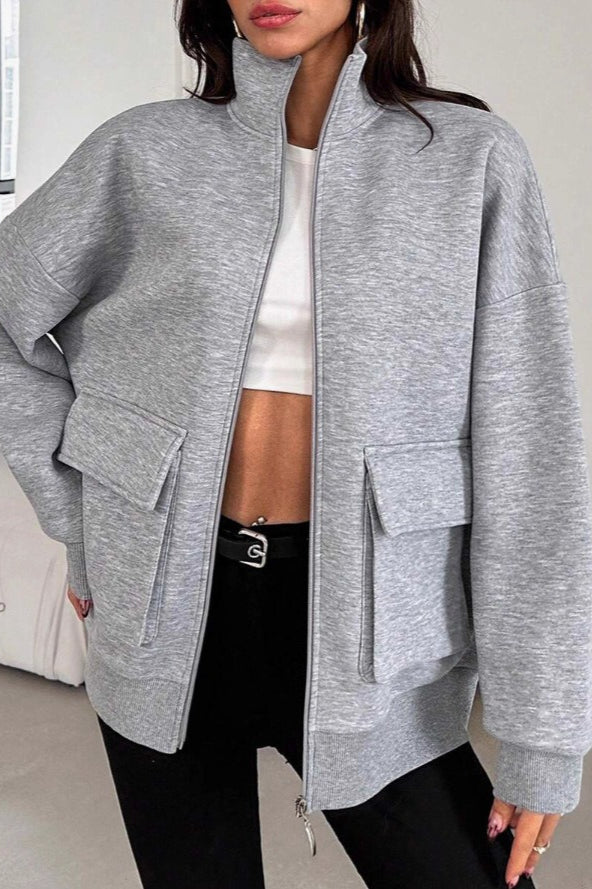 Stand Collar Zip Front Flap Pocket Oversized Bomber Jacket