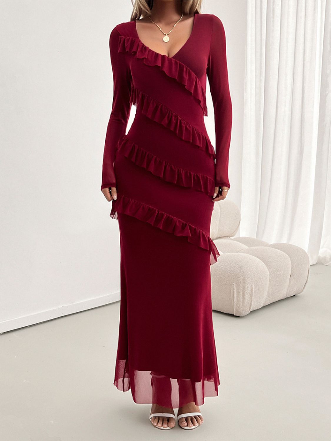 Mesh Surplice V-Neck Long Sleeve Tiered Ruffle Mermaid Maxi Dress 3