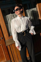 Mandarin Collar Puff Sleeve Blouse