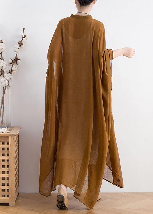 Batwing Sleeve Band Collar Button Front Patch Pocket Kaftan Maxi Dress