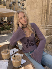V Neck Floral Jacquard Sweater
