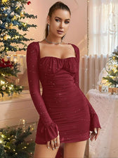 Glitter Mesh Square Neck Long Sleeve Ruched Bustier Mini Dress 2