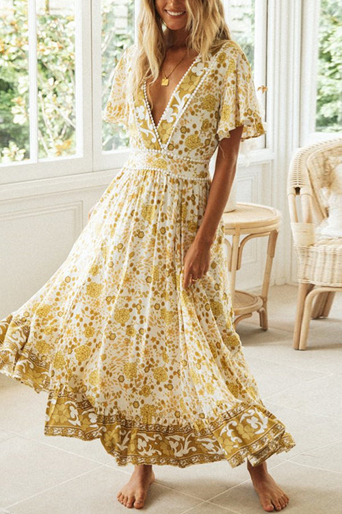 Floral Print Deep V-Neck Pom Pom Trim Flutter Sleeve Ruffle Hem Maxi Dress