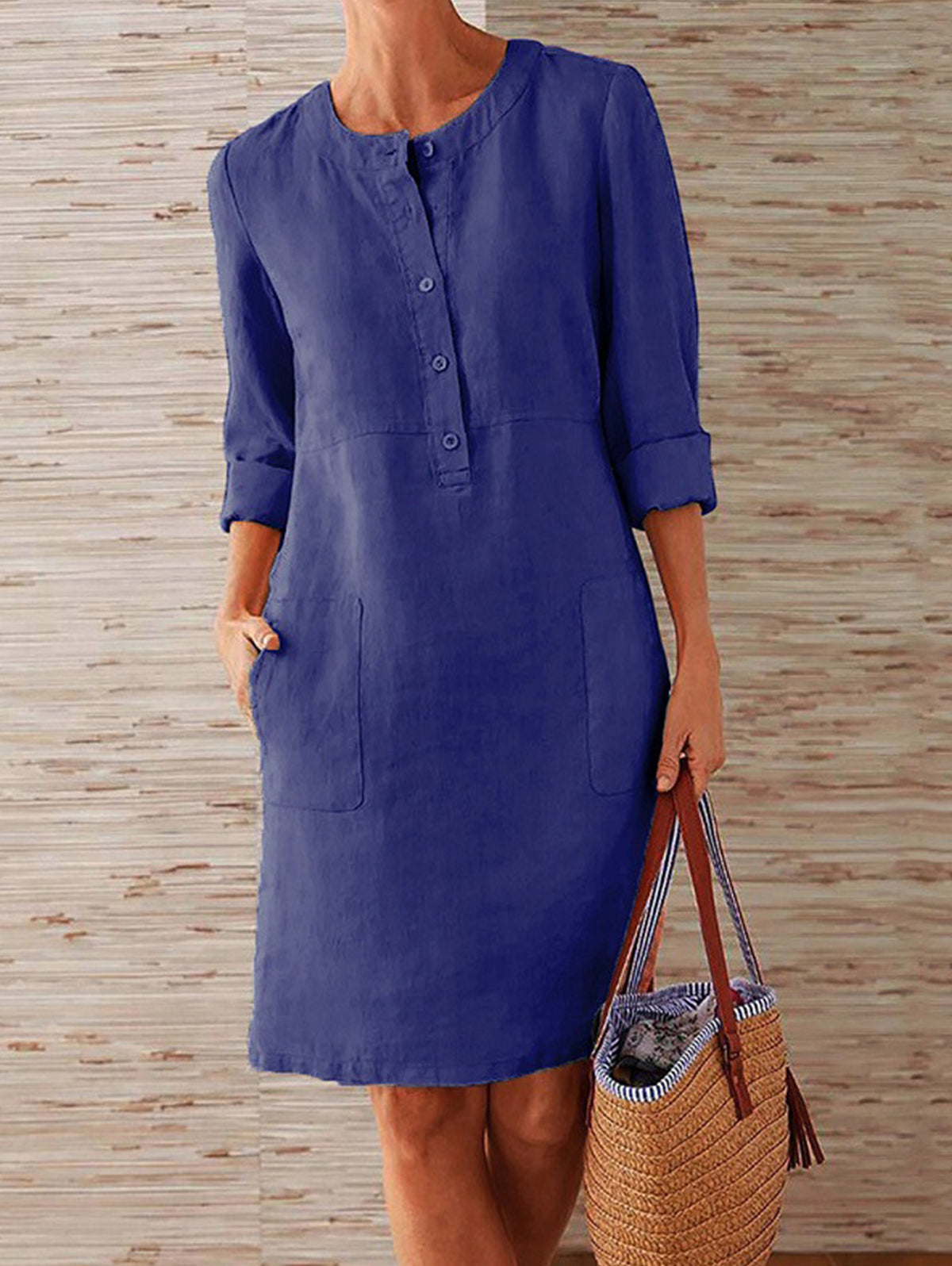 Button Front Round Neck Patch Pocket Three Quarter Sleeve Linen Look Shift Dress
