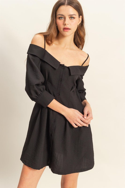 Off Shoulder Fold Over Collar Button Front Puff Sleeve Mini Dress