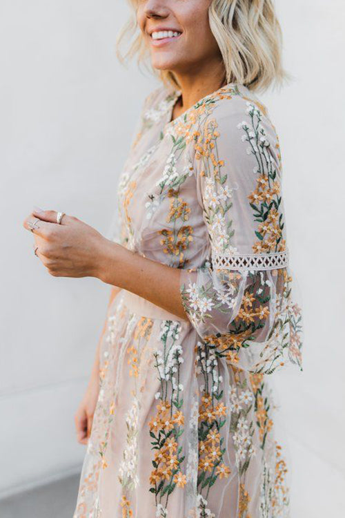 Flutter Sleeves Bloom Embroidered Dress