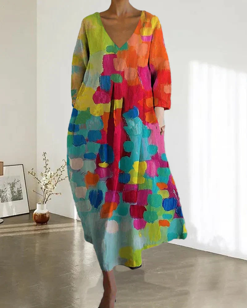 Deméter Colorful Printed V-neck Dress for Women Minimalist Chic Style