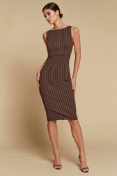 Striped Slit Waist Cinched Sleeveless Work Dress
