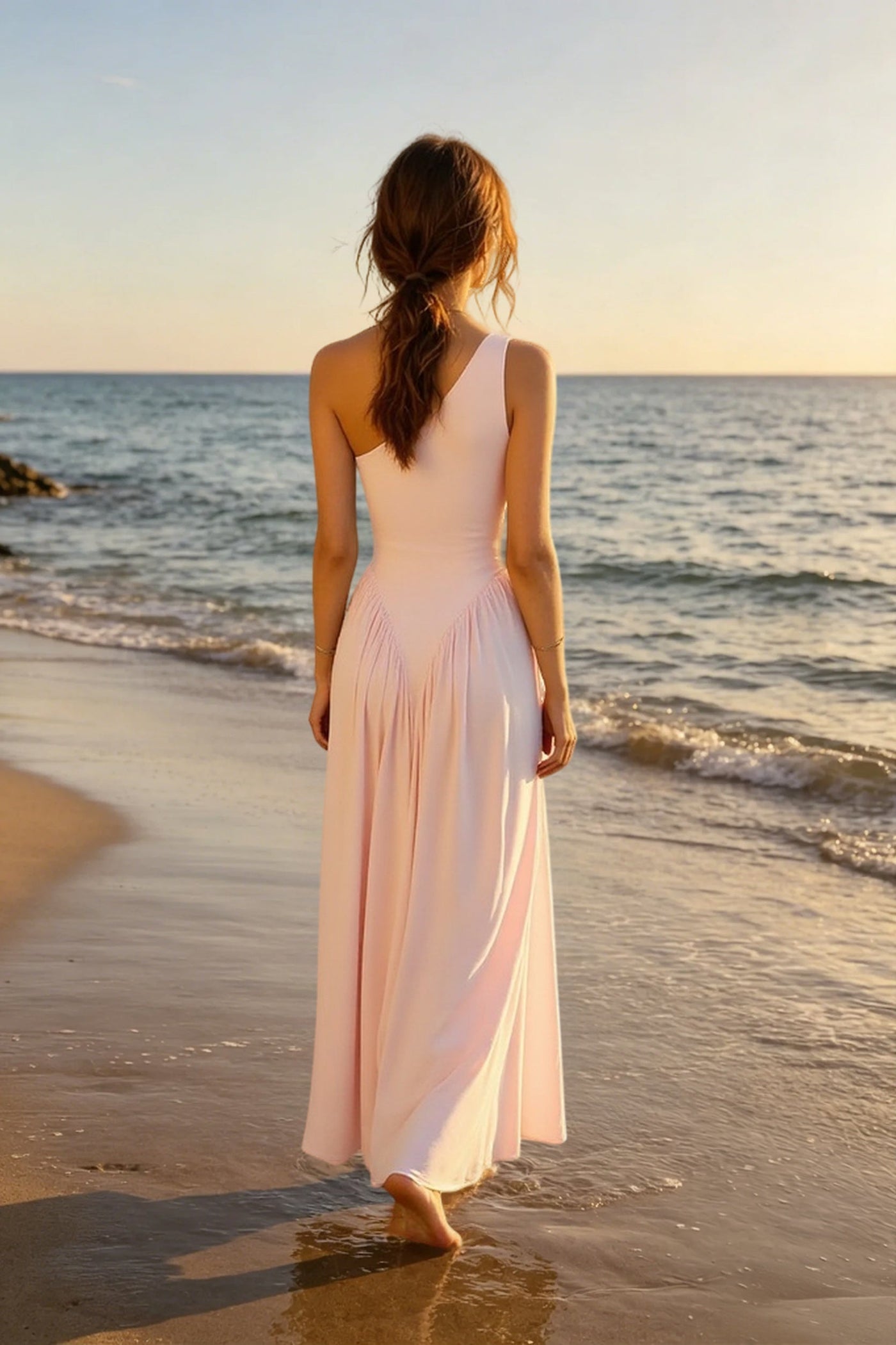 Solid One Shoulder Ruched Maxi A Line Party Dress 7